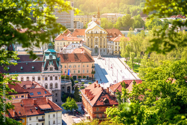 Aerial cityscape view with Ursuline church of the Holy Trinity in Ljubljana